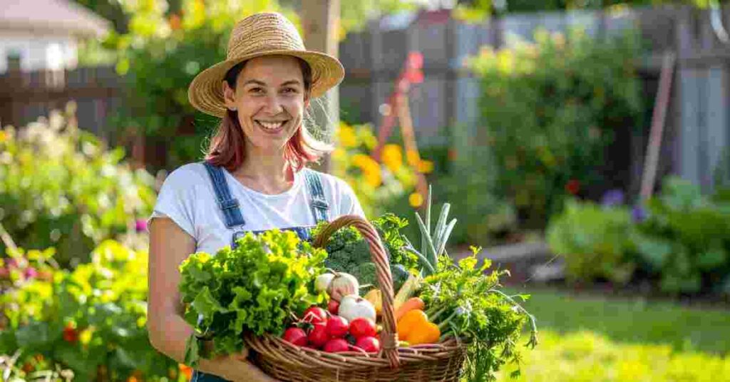Beginner organic vegetable farming harvesting produce in a backyard garden in the USA.
