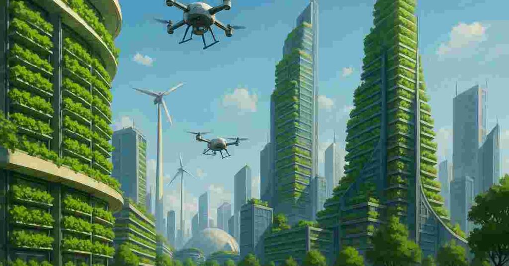 future smart city with vertical farms concept
