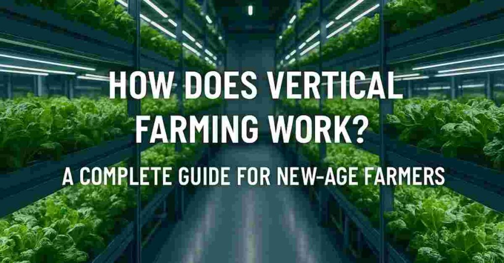 Indoor vertical farming setup with stacked green crops and LED grow lights, showcasing modern sustainable agriculture.